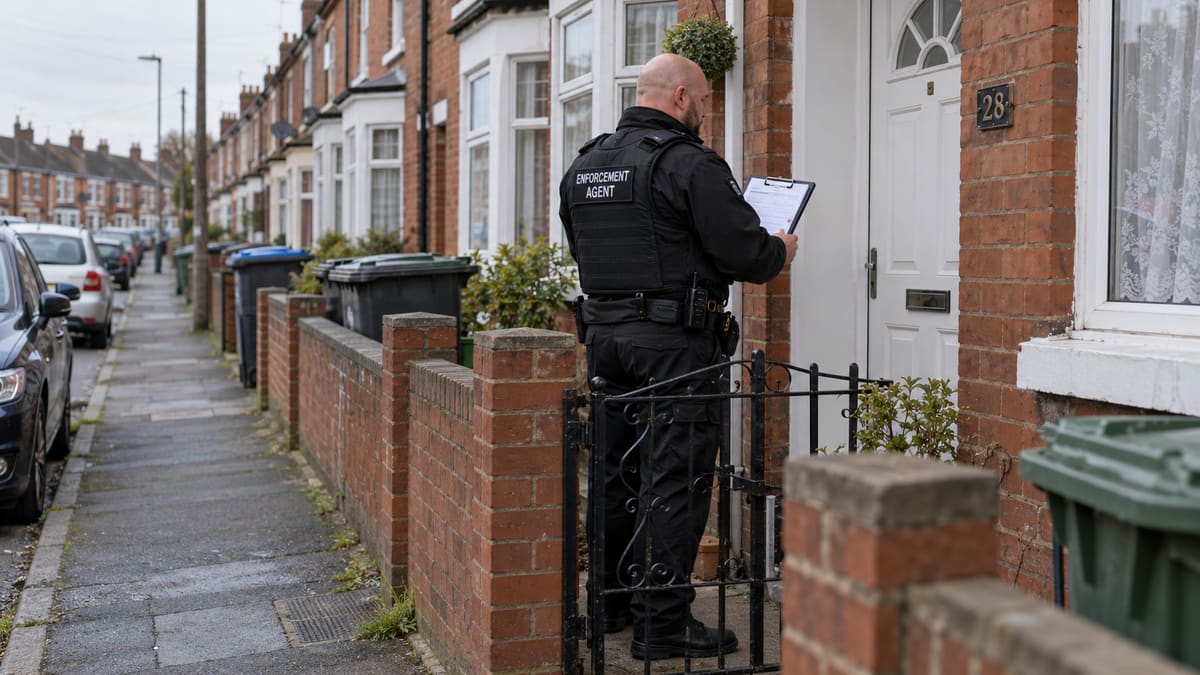 An enforcement agent, seen from behind in a black vest marked Enforcement Agent, checks a clipboard at the front door of a terraced house.