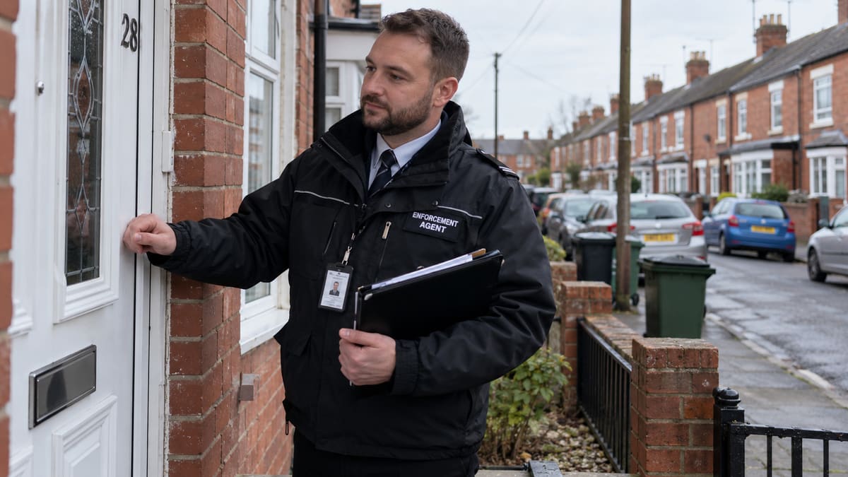 An enforcement agent in a black jacket knocks on the front door of a terraced house. An identity card hangs from a lanyard round his neck.